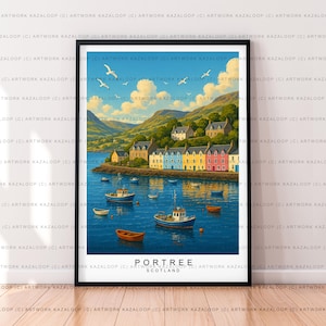 Portree Scotland Illustration Print Unframed Poster Art Travel Artwork Wall Decor Vintage Portree Harbor Boats Seaside Village Portree Art