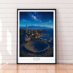 Poster di Night Side Turkey, illustrazione senza cornice, stampa artistica laterale, vista della costa