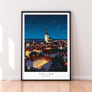 Tallinn Estonia Notte Illustrazione Arte senza cornice Città Vecchia Tallinn Stampa Poster