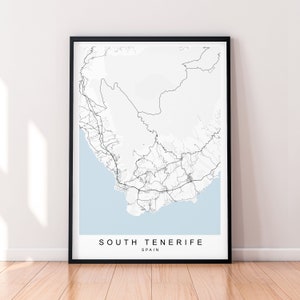Mapa Południowej Teneryfy Wydrukuj Plakat Minimalistyczny Wystrój Domu Costa Adeje Mapa obszaru Południowej Teneryfy Plakat Sztuka Ścienna Dekoracja