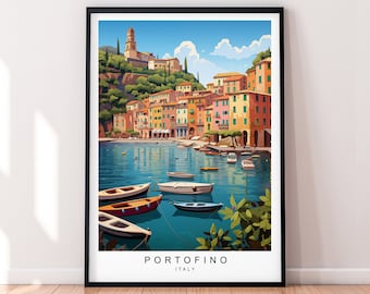 Portofino Illustration Print Portofino Coastal Italian Riviera Poster Gift Unframed Print