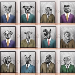 Animals In Suits Tuxedo Print Poster Fun Cute Art Prints Unframed Print Poster Wall Decor Gift Cat Dog Sheep Chimp Gorilla Horse Lion Tiger