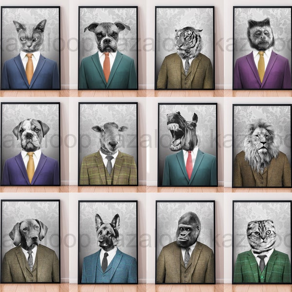 Animals In Suits Tuxedo Print Poster Fun Cute Art Prints Unframed Print Poster Wall Decor Gift Cat Dog Sheep Chimp Gorilla Horse Lion Tiger