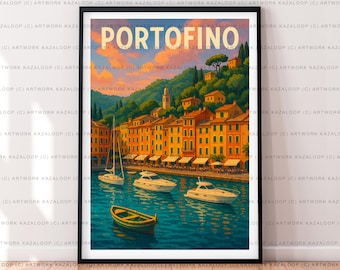Arte de pôster de ilustração sem moldura de Portofino, Itália, arte de parede de Portofino, impressão de viagem costeira, arte de pôster da Riviera Italiana