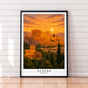 Stampa artistica senza cornice con illustrazione del tramonto di Atene, Grecia, con vista del tempio dell'Acropoli e poster di Atene