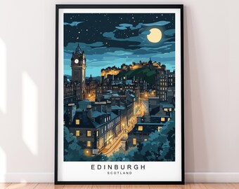 Impresión artística de viaje nocturno de Edimburgo Póster de Edimburgo, Escocia, arte de pared, regalo, impresión sin marco