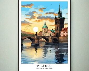 Praag illustratie print Praag Tsjechische zonsondergang republiek reisposter cadeau ingelijste print