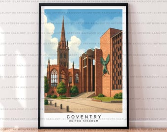 Coventry United Kingdom Unframed Illustration Print Poster Art Coventry  Travel Wall Decor Coventry Historic Architecture Artwork Print