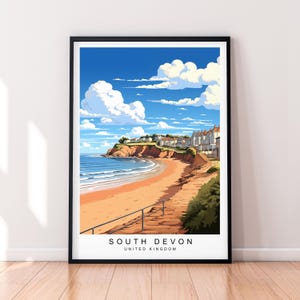 Impression d&#39;illustration sur la plage du sud du Devon, affiche d&#39;art mural dans le sud du Devon, cadeau impression sans cadre