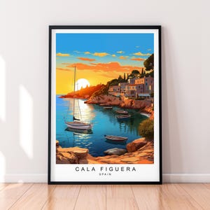 May include: A colorful illustration of a small town on a cliff overlooking a bay with a sailboat in the water. The sky is a vibrant orange and blue with a setting sun. The text "CALA FIGUERA SPAIN" is at the bottom of the image.