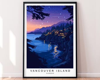 Vancouver Island Night Travel Print Art Illustration Vancouver Island Canada Poster Wall Art Gift Unframed Print