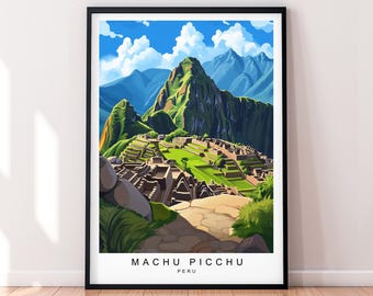 May include: A colorful illustration of Machu Picchu, an ancient Incan citadel located in the Cusco Region of Peru. The image shows the ruins of the city, including stone buildings, terraces, and a winding path. The background features a blue sky with white clouds and green mountains.