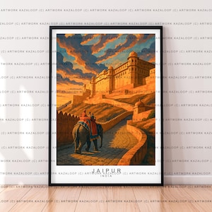 Jaipur India Illustrazione senza cornice Arte India Jaipur Poster Tramonto Vista elefante