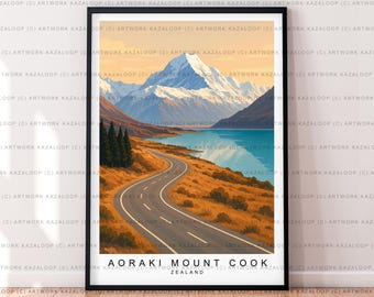 May include: A framed art print featuring a scenic landscape of Aoraki Mount Cook in New Zealand. The artwork depicts a winding road, a turquoise lake, and snow-capped mountains under a warm-toned sky. The text "AORAKI MOUNT COOK ZEALAND" is at the bottom.
