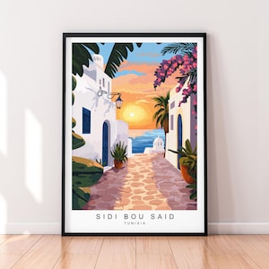 Sidi Bou Said Tunisia Architettura Tramonto Illustrazione Stampa Poster Arte