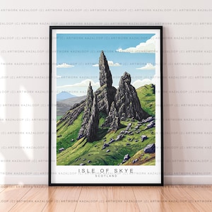 Illustrazione di paesaggio senza cornice dell'Isola di Skye, Vecchio di Storr, Scozia
