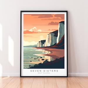Impression d'illustration Seven Sisters Seven Sisters, falaises blanches, coucher de soleil, Angleterre, voyage, affiche, cadeau, impression sans cadre