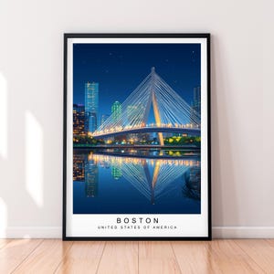 Ilustración artística del puente nocturno de Boston, impresión sin marco, póster del horizonte de la ciudad, arte de pared, EE. UU.