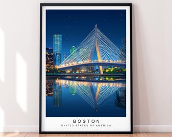 Boston nattbro konstillustration tryck oramad stadssilhuett poster väggkonst USA