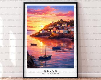 Devon Travel Print Devon Port Town Ilustracja Sztuka Plakat Prezent Wydruk bez ramki