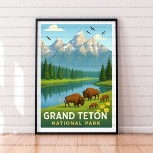 Grand Teton National Park Illustration Art Print Unframed Wildlife Landscape Mountain Scene Wall Decor Grand Teton National