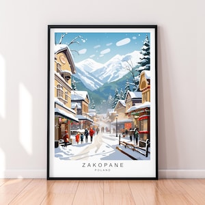 Impression de voyage à Zakopane, ville d'hiver de Zakopane, Pologne, illustration, cadeau, affiche d'art, impression sans cadre