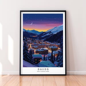 Davos Winter Night Switzerland Travel Print Art Illustration Davos  Swiss Alps Poster Wall Art Gift Unframed Print