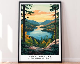 Adirondack Mountains Sunset Art Print Illustration Adirondack  National Park USA Poster Wall Art Gift Unframed Print