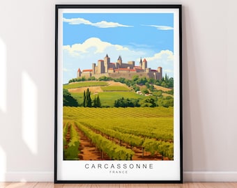 Impresión artística de viaje de Carcassonne, ilustración, póster de Carcassonne, Francia, arte de pared, regalo, impresión sin marco