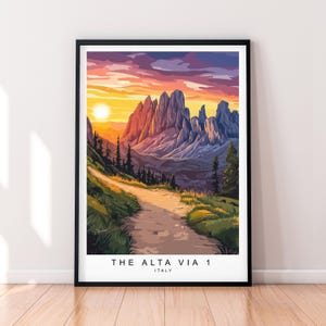 Alta via 1 wandelen zonsondergang reizen illustratie afdrukken Dolomietenpad Italië poster muurkunst cadeau ingelijste afdruk