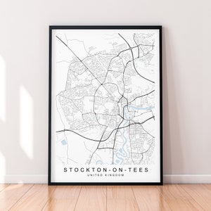 Może przedstawiać: Czarno-biały wydruk mapy Stockton-on-Tees, Wielka Brytania. Mapa przedstawia ulice i drogi wodne miasta.