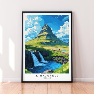 Kirkjufell Stampa artistica Illustrazione Kirkjufell Hill e cascata Islanda Poster Arte da parete Regalo Stampa senza cornice