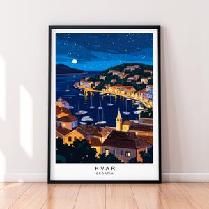 Stampa artistica di viaggio notturno di Hvar, illustrazione di Hvar, Croazia, poster, arte murale, regalo, stampa senza cornice
