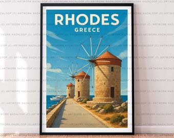 Rodos, Grecja, nieoprawiona ilustracja, plakat, sztuka ścienna Rodos, wydruk z podróży do Grecji, plakat z motywem wybrzeża Morza Śródziemnego