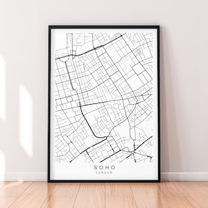 Affiche impression carte du quartier de Soho, arrondissement de Londres, affiche minimaliste de la carte de l&#39;arrondissement de Londres, art mural