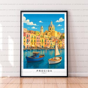 May include: A framed art print of Procida, Italy, featuring colorful buildings along a harbor. Two boats, one blue and one white, float on the water. The sky is blue with fluffy white clouds. The text "PROCIDA ITALY" is at the bottom.
