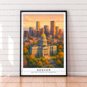 Illustrazione di un poster di Denver senza cornice, stampa artistica dello skyline di Denver al tramonto