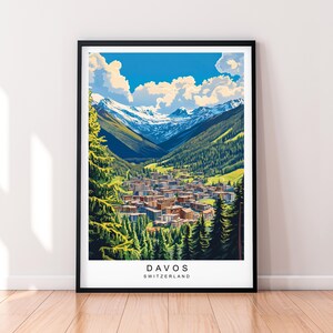 Davos Switzerland Travel Print Art Illustration Davos  Swiss Alps Poster Wall Art Gift Unframed Print