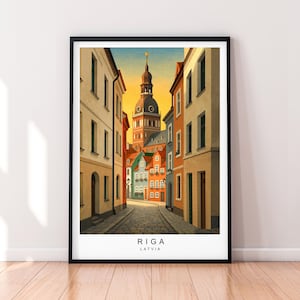Riga Città Vecchia Strade Viaggio Stampa Arte Illustrazione Riga Tramonto Lettonia Poster Arte da Parete Regalo Stampa Senza Cornice