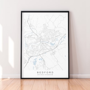 Bedford Map England Print Poster Minimalist Home Decor Bedford UK Town Map Poster Wall Art Decor