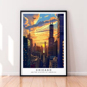 Stampa artistica con skyline notturno di Chicago, illustrazione, poster di Chicago USA, regalo di arte da parete, stampa senza cornice