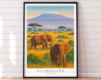African Safari Landscape Unframed Illustration Art Poster Of Kilimanjaro Scene Kilimanjaro Poster
