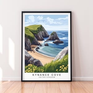 Póster de Kynance Cove con ilustración de playa de Cornualles (impresión sin marco)