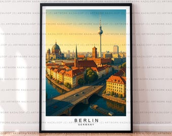 May include: A framed art print featuring a vibrant cityscape of Berlin, Germany. The artwork showcases iconic landmarks, including the Berliner Fernsehturm, with a river and bridges in the foreground. The print has a black frame.