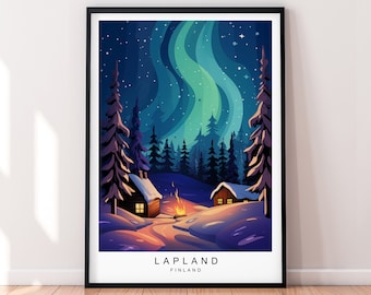 Lapland Travel Print Lapland Aurora Finland Illustration Art Poster Gift Unframed Print