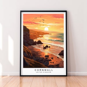 Puede incluir: Una ilustración colorida de una puesta de sol sobre una costa rocosa con el texto "Cornwall, Reino Unido".