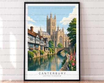 Unframed Canterbury Kent Illustration Art Poster Of Cathedral And Historic Canterbury Print