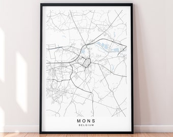Mapa de la ciudad de Mons, póster impreso de Bélgica, decoración minimalista para el hogar, póster de mapa de Bélgica de Mons, Arte de la pared Decoración
