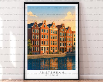 Stampa artistica senza cornice delle case sui canali di Amsterdam, Amsterdam, Paesi Bassi