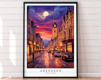 Aberdeen Night Illustration Print Aberdeen Scotland Travel Poster Gift Unframed Print